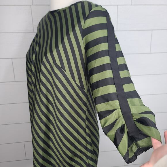 Eci Tunic Top 3/4 Sleeve Large Green Black Stripe Tunic Blouse Mod Witchy - Picture 3 of 10